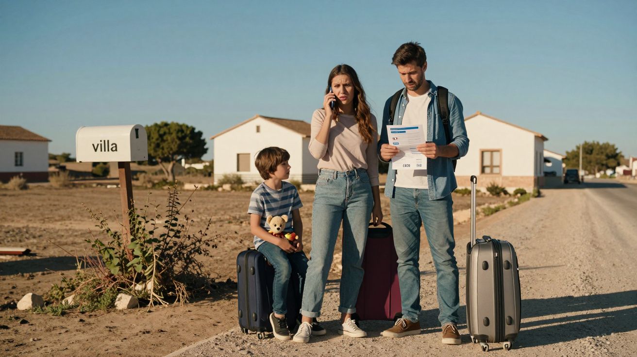 Família com malas ao lado de caixa de correio "villa" em estrada rural, mulher fala ao telefone e homem lê documento.
