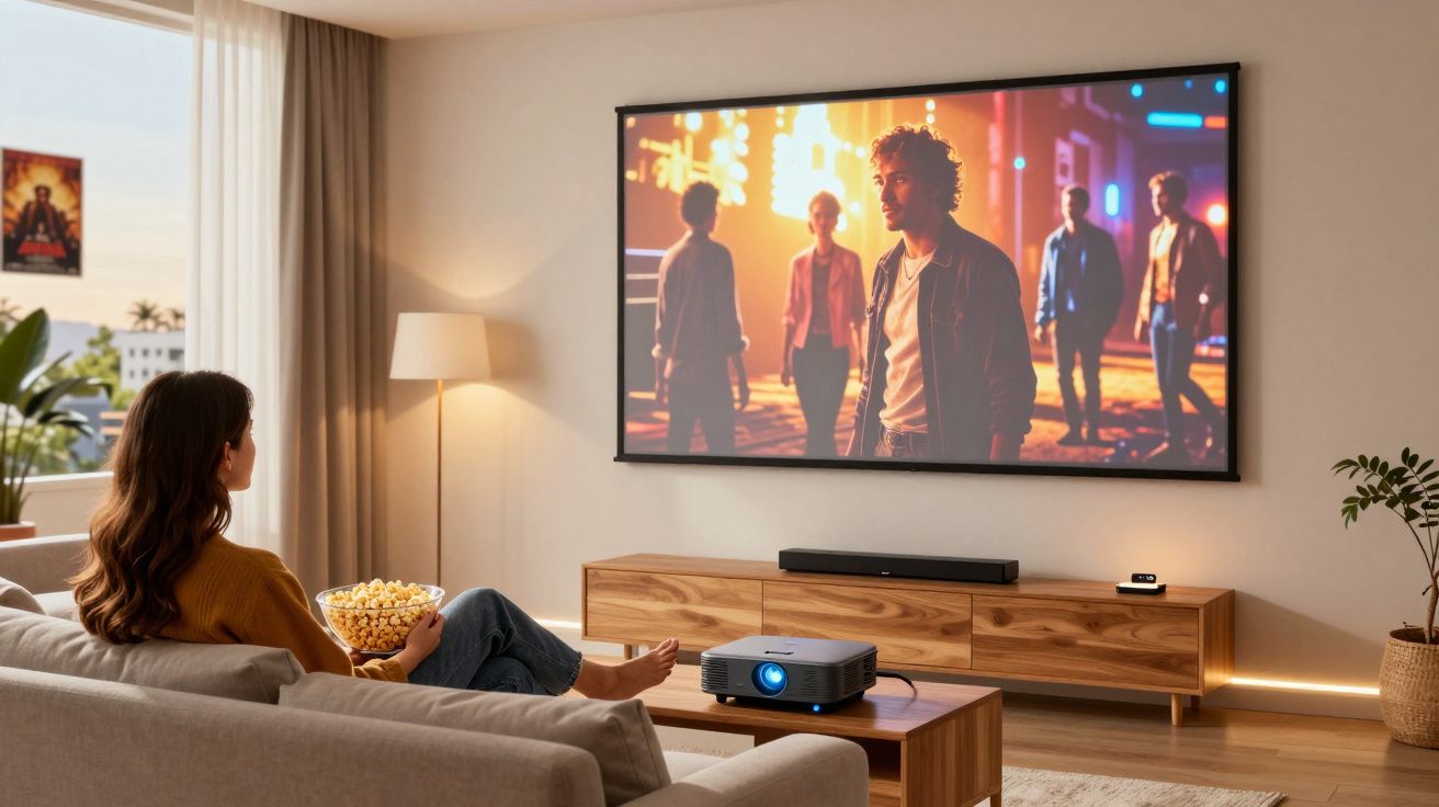 Mulher assistindo filme com projetor em sala moderna, segurando tigela de pipoca.