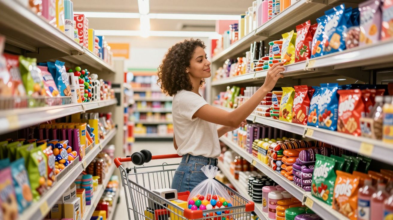 Mulher jovem escolhendo produtos em prateleira de supermercado com carrinho cheio de compras coloridas.