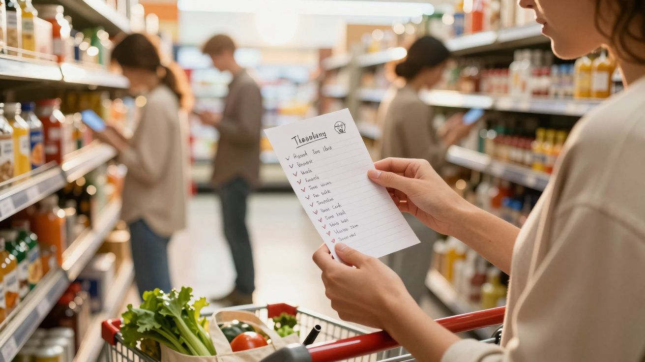 Pessoa segurando uma lista de compras enquanto está em corredor de supermercado com carrinho cheio de vegetais.