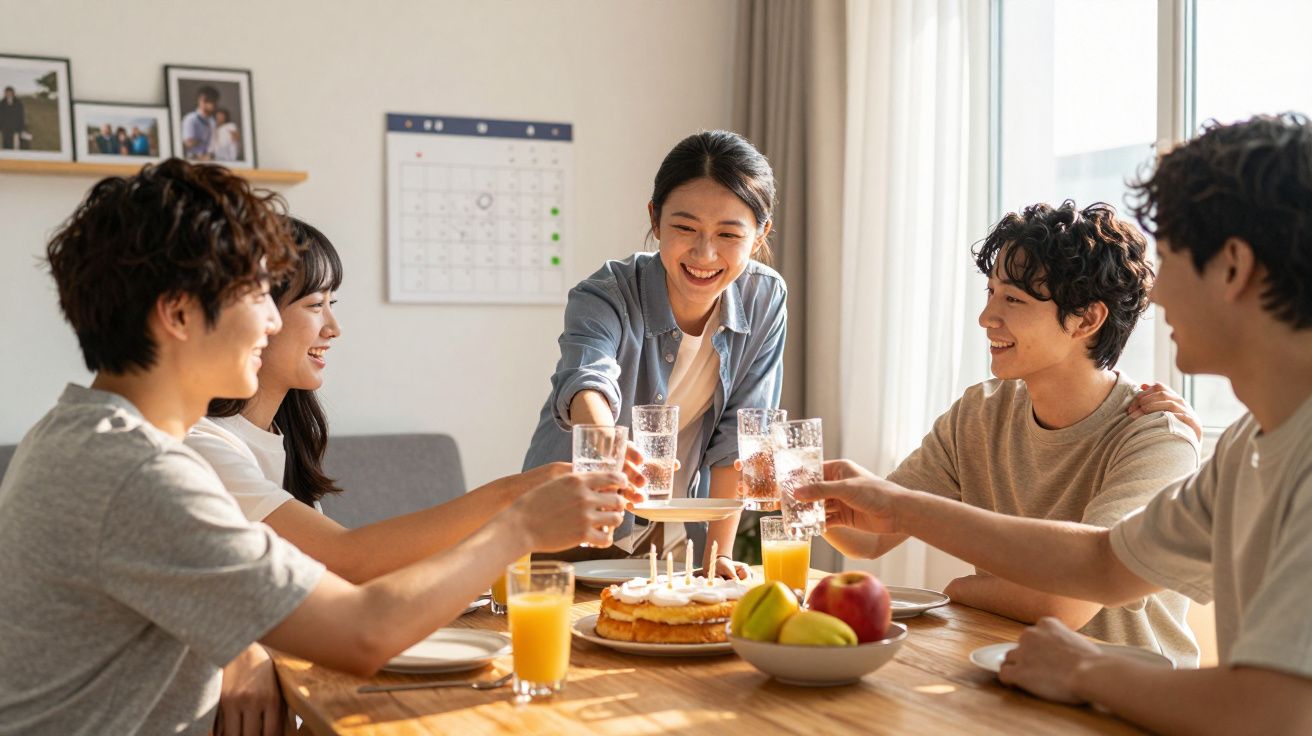 Grupo de jovens fazendo um brinde ao redor de uma mesa com bolo e suco em ambiente iluminado.