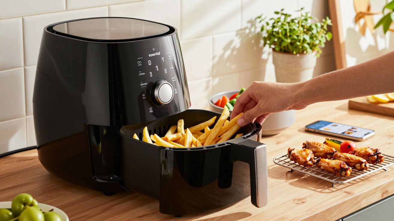 Máquina de fritura elétrica preta com batatas fritas, mão pegando uma e asas de frango ao lado.