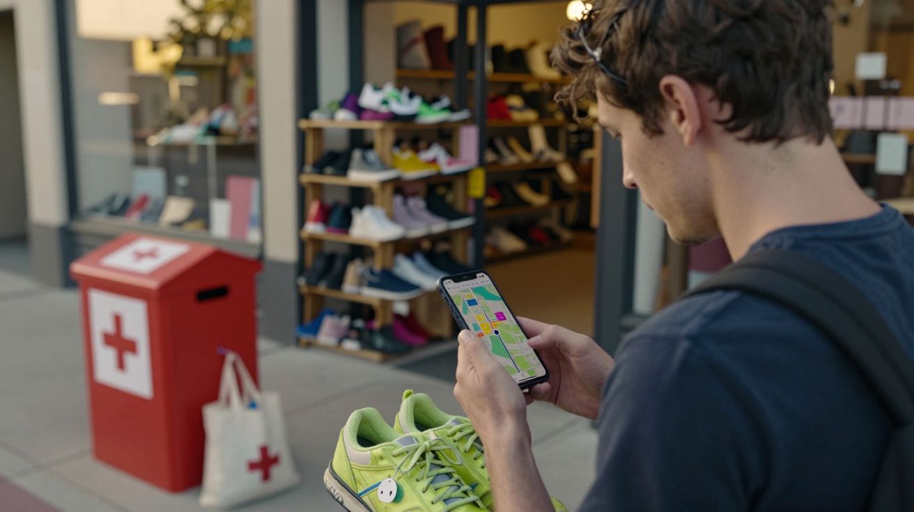 Homem segurando tênis verde e olhando mapa no celular em frente a loja de calçados.