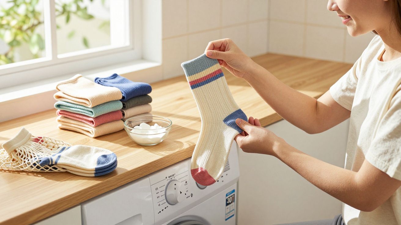 Mulher segurando meia colorida perto de pilha de meias e máquina de lavar roupas em ambiente iluminado.