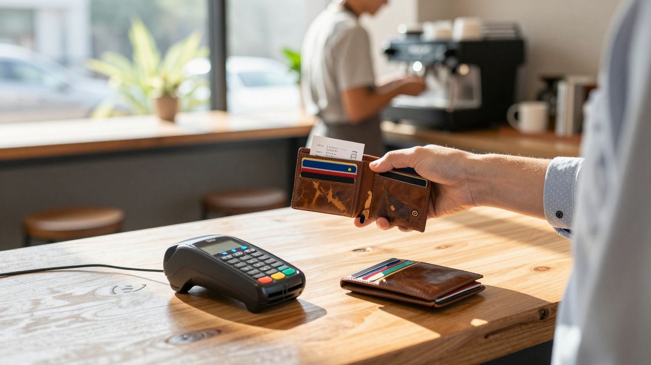 Pessoa fazendo pagamento com cartão aproximando carteira de máquina de cartão em balcão de madeira em cafeteria.