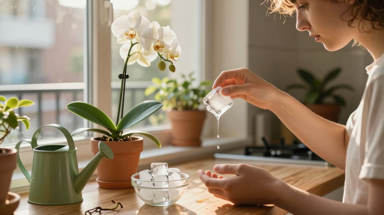 Pessoa colocando cubo de gelo na mão próxima a vasos com plantas sobre mesa junto à janela.