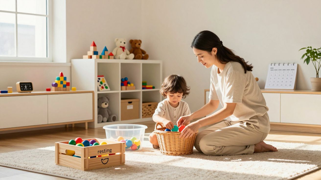 Mulher e criança brincam com bolas coloridas em cesta em sala de brinquedos iluminada e organizada.