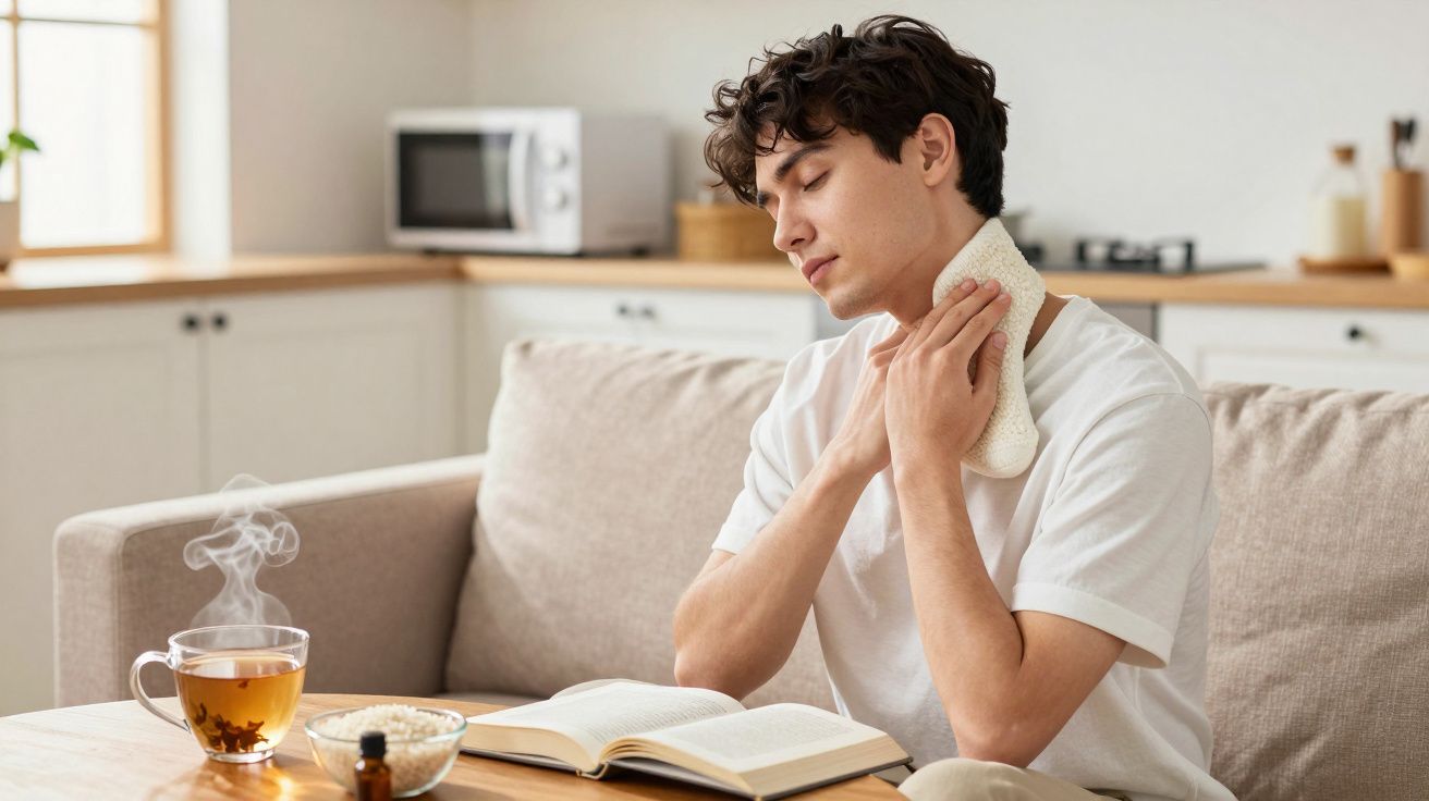 Jovem sentado no sofá com bolsa térmica no pescoço, lendo livro e com chá quente à frente.