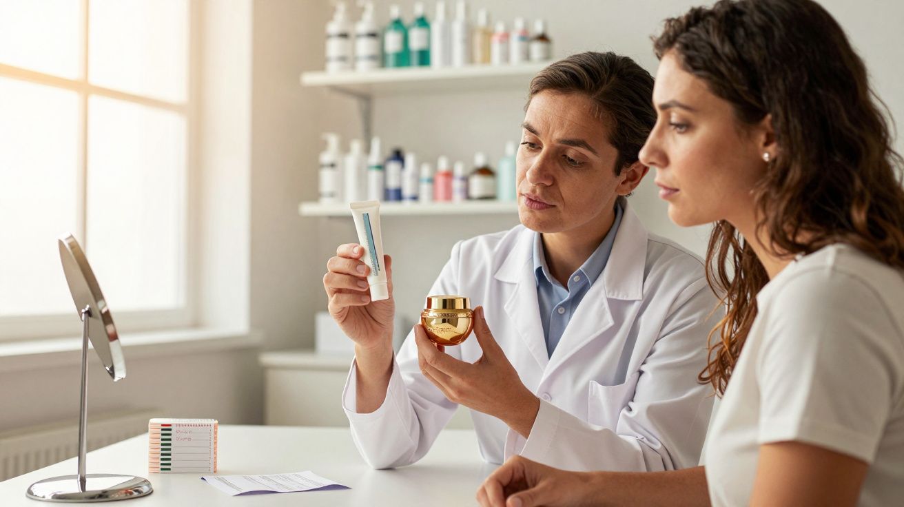 Especialista em dermatologia mostrando produtos para cuidados com a pele a paciente em consultório.