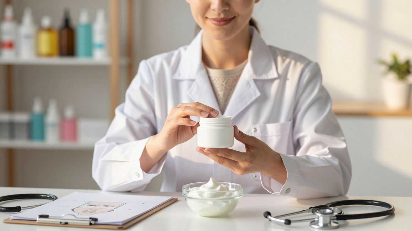 Profissional de saúde com jaleco segurando pote de creme em mesa com estetoscópio e desenho facial.