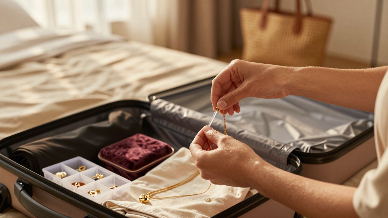 Pessoa guardando colar em estojo de joias dentro de mala aberta sobre cama clara.