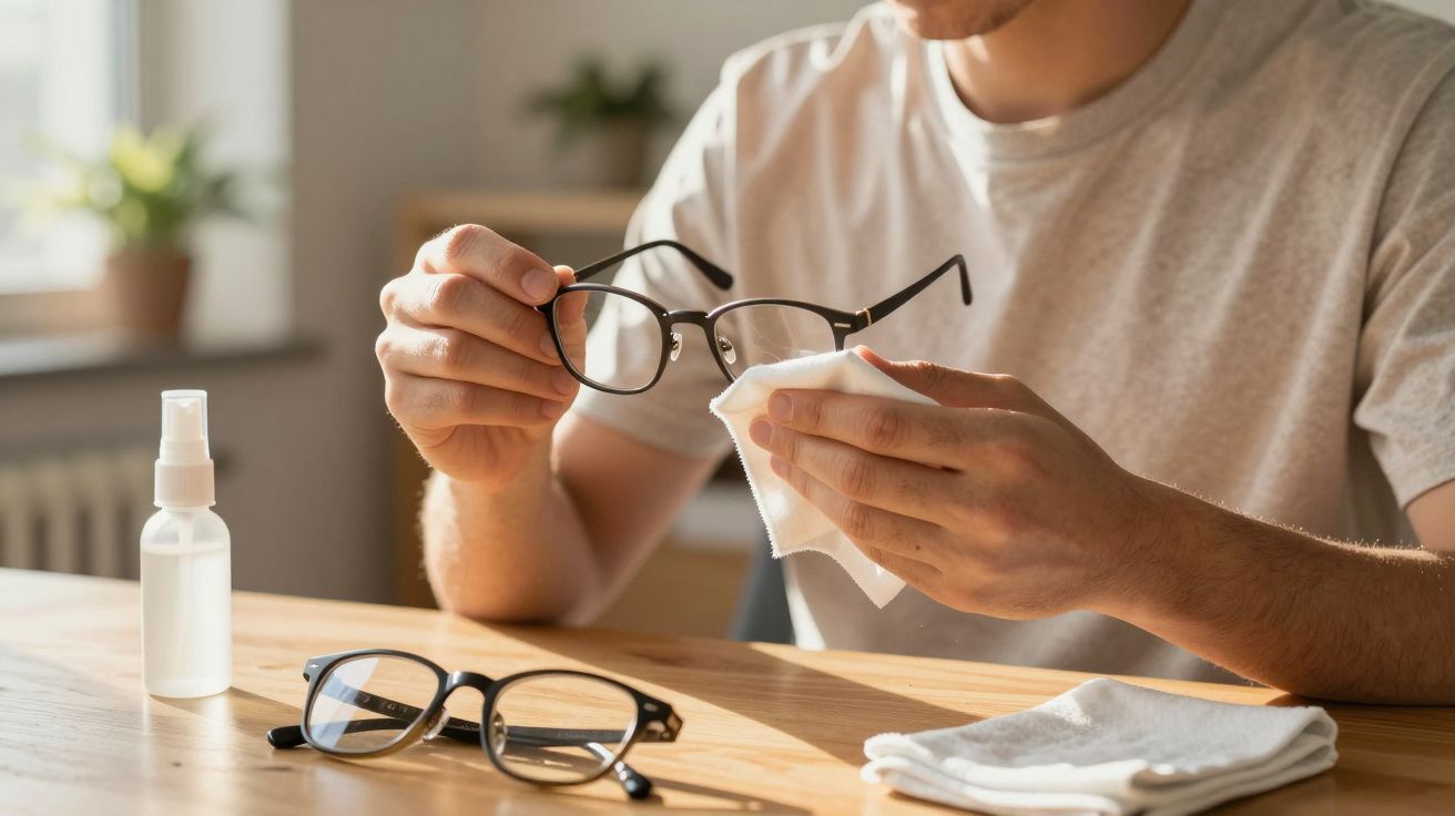 Pessoa limpando óculos com pano branco sobre mesa de madeira com spray de limpeza ao lado.