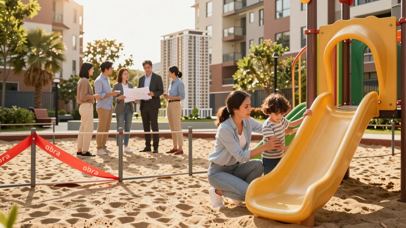 Mulher ajuda criança a brincar no escorregador em parque infantil com área cercada e grupo discutindo projeto.
