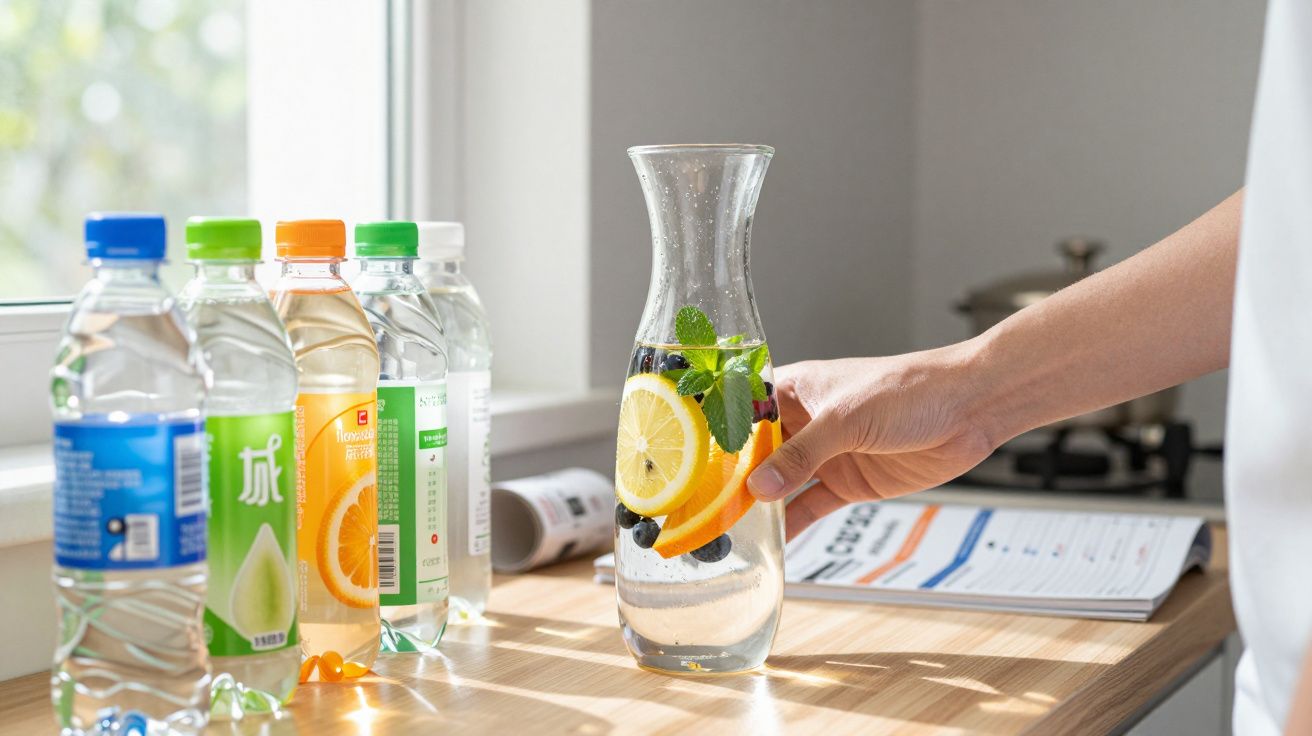 Pessoa segurando jarra com água, limão, laranja, mirtilo e hortelã em bancada ao lado de garrafas.