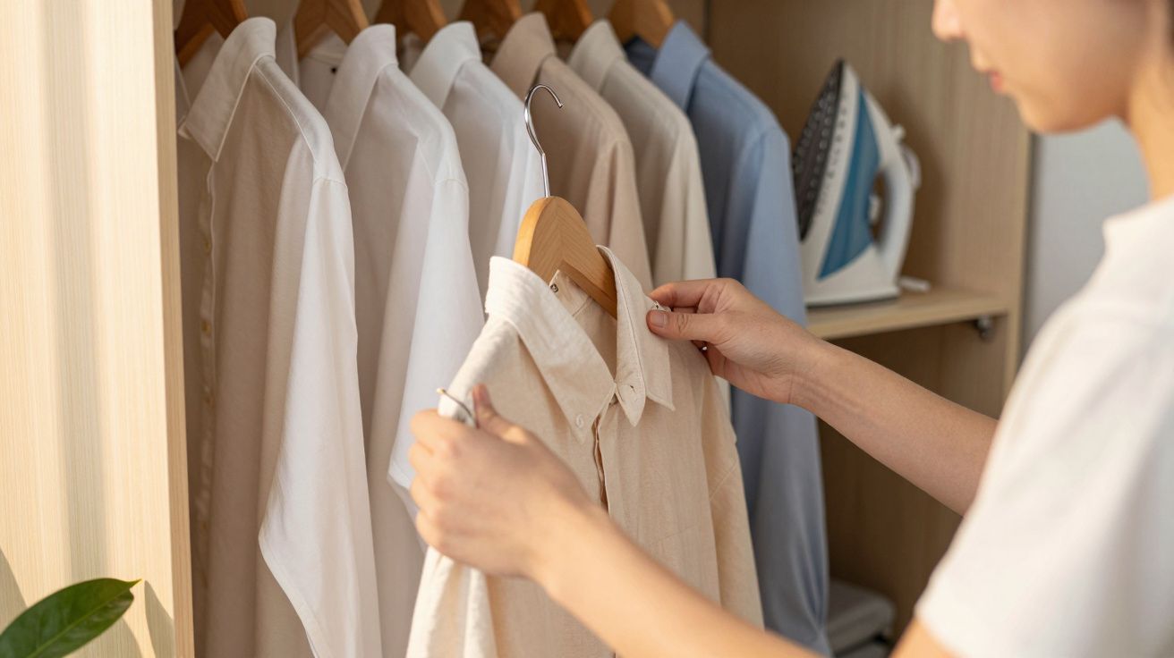 Pessoa escolhendo camisa bege pendurada em cabides dentro de guarda-roupa com várias camisas e ferro de passar.