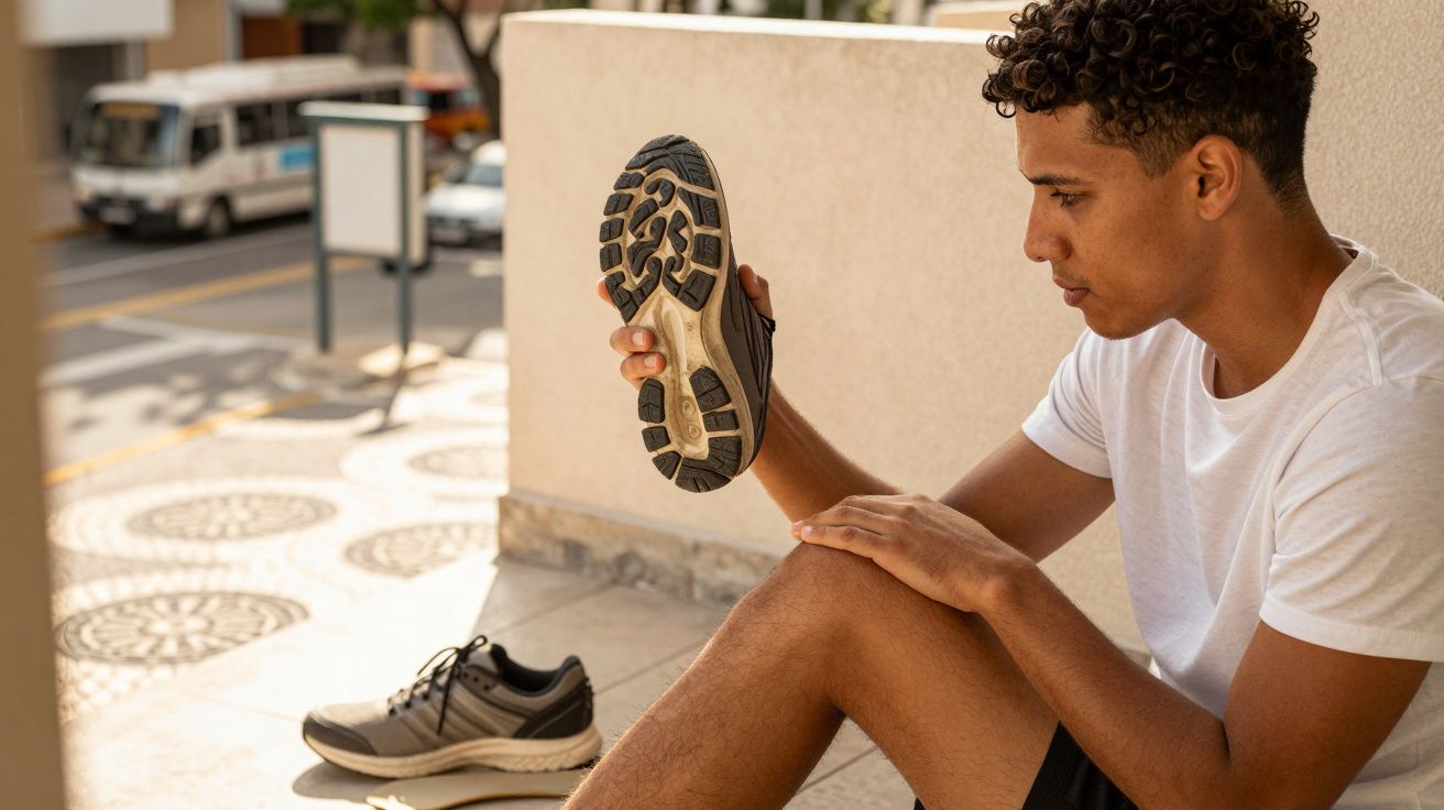 Homem sentado observa a sola do tênis em uma área externa com piso de cerâmica.