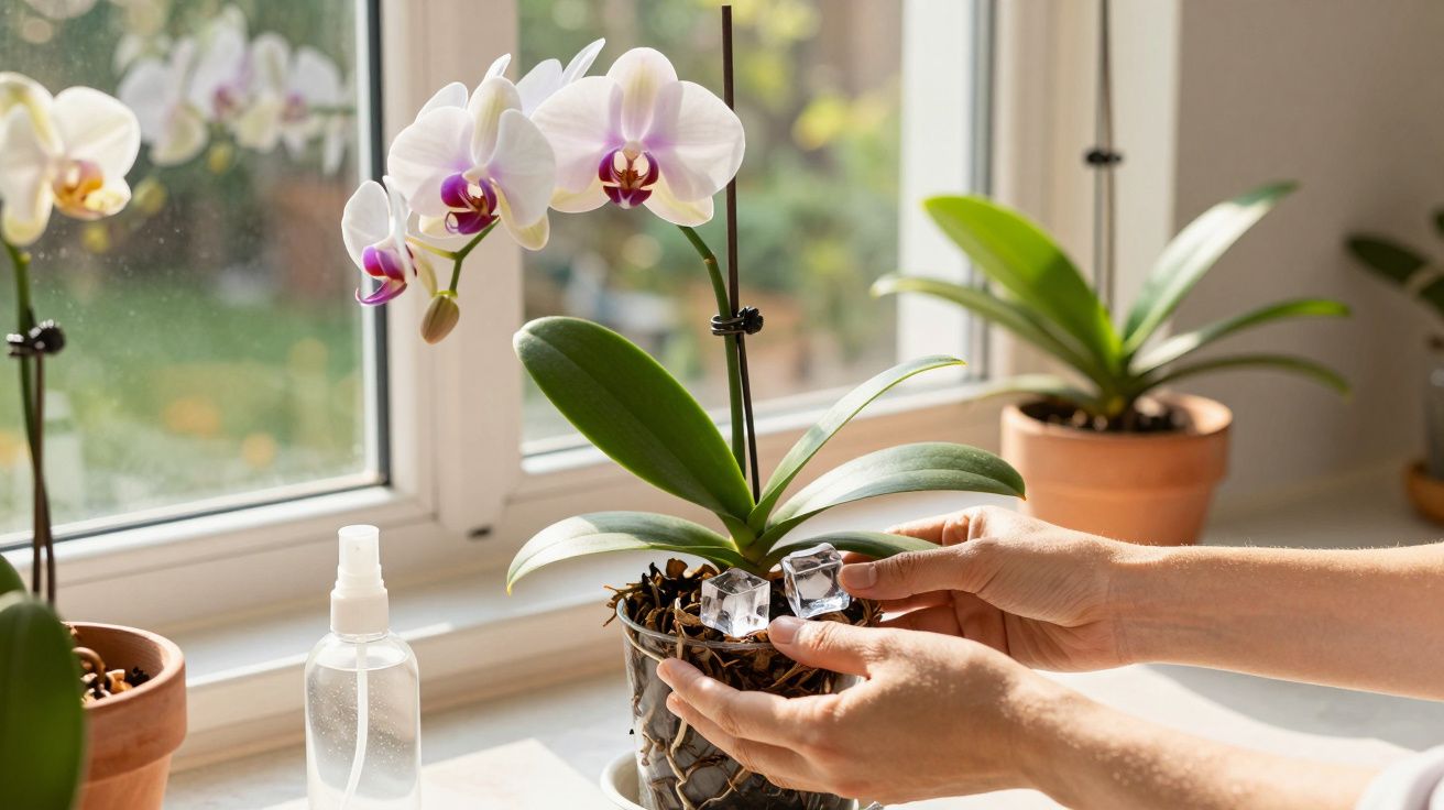 Mãos colocando cubos de gelo no vaso de orquídea branca perto da janela com outras plantas ao fundo.