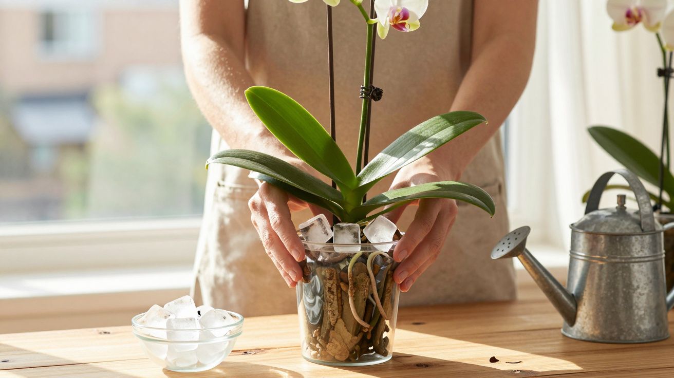 Pessoa cuidando de orquídea em vaso transparente com pedras e cubos de gelo em mesa de madeira.