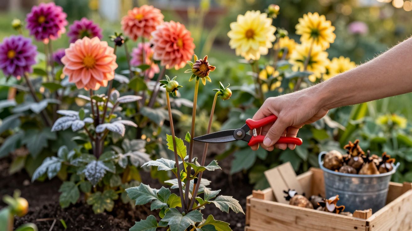 Mão com tesoura de jardim cortando flor murcha em canteiro com flores coloridas e caixa de bulbos.