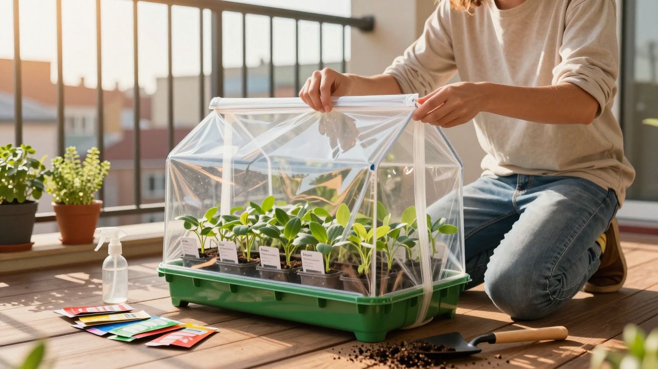Pessoa abrindo estufa caseira com mudas verdes em varanda ensolarada, com regador e sementes ao lado.