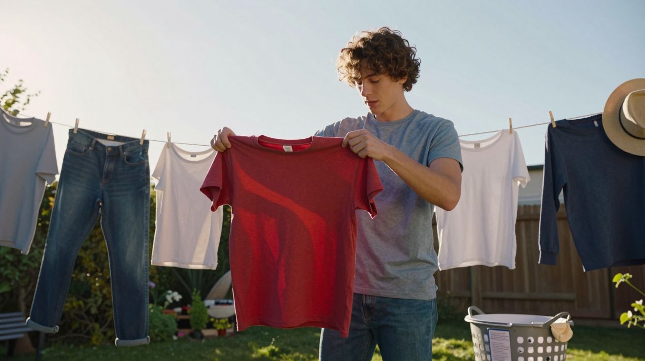Jovem segurando camiseta vermelha enquanto tende roupas em varal no jardim ensolarado.