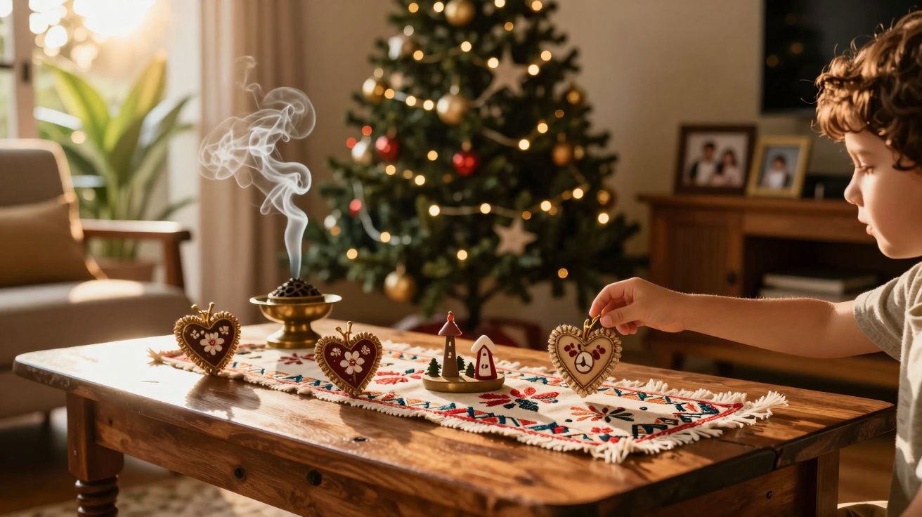Criança decorando mesa de madeira com enfeites de Natal em forma de coração, árvore de Natal ao fundo.