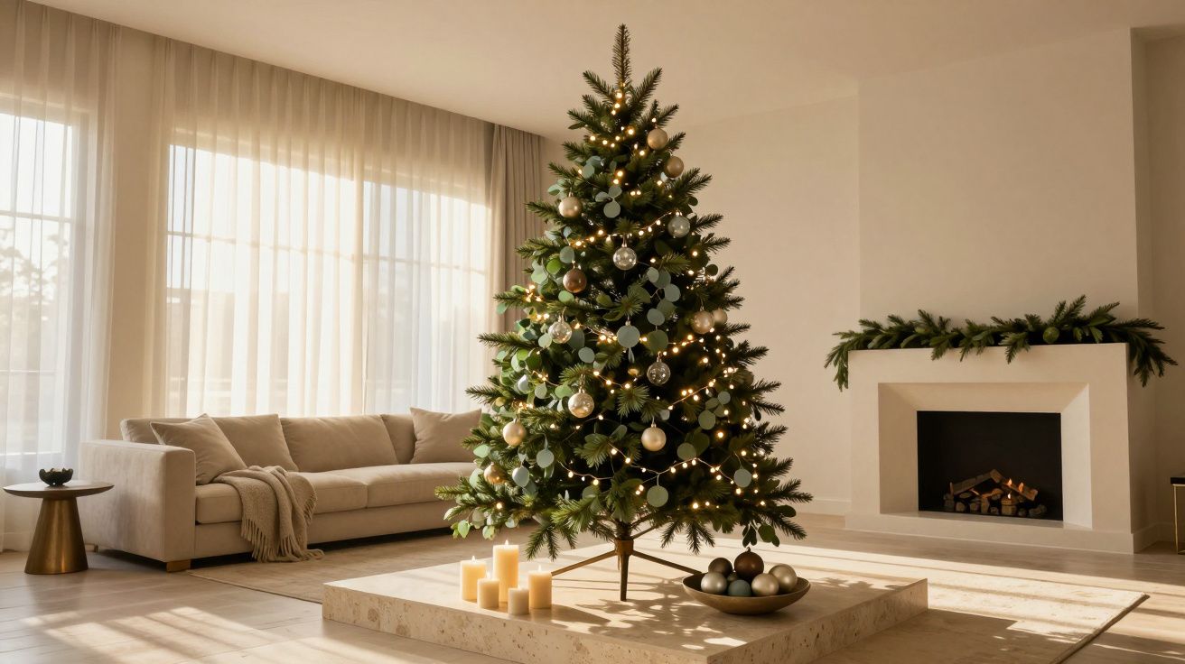 Sala com decoração de Natal minimalista, árvore com luzes, bolas douradas, sofá bege e lareira com guirlanda verde.