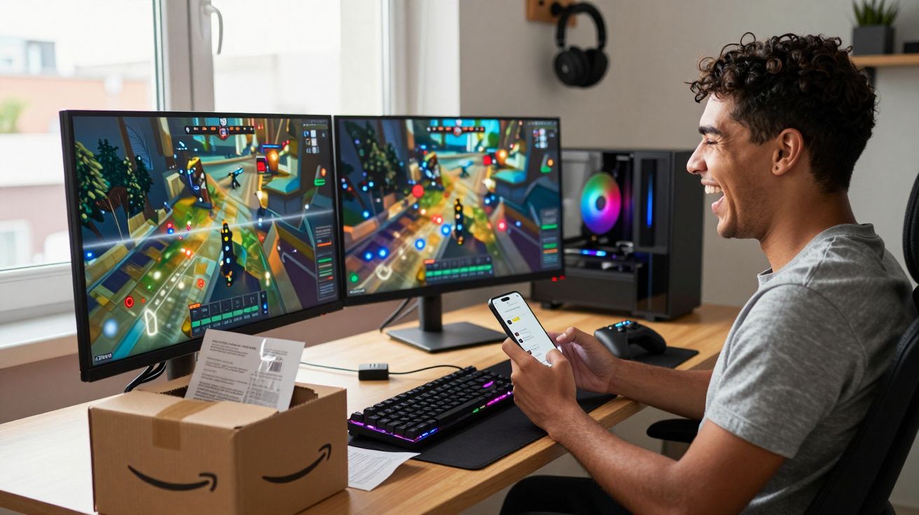 Homem sorridente jogando videogame em dois monitores enquanto segura um celular em uma mesa com caixa da Amazon.