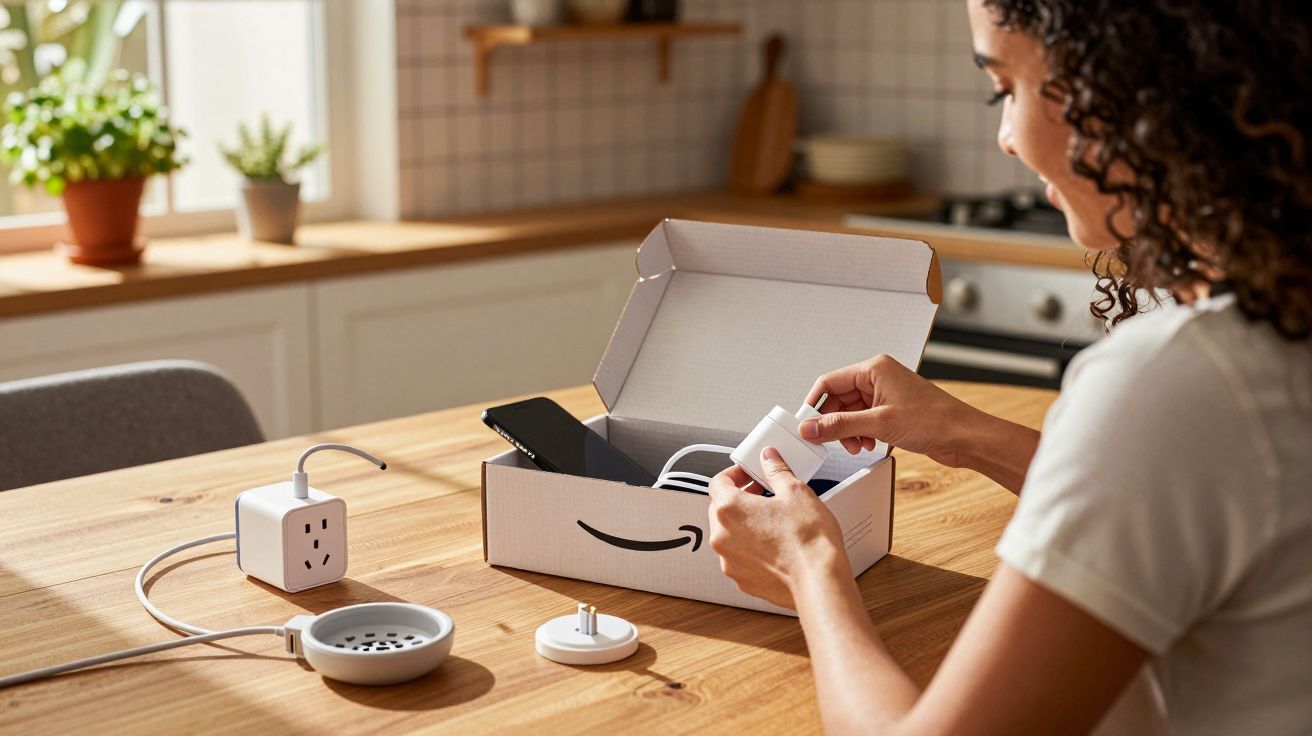 Pessoa desempacotando acessórios eletrônicos em caixa da Amazon sobre mesa de madeira em cozinha iluminada.