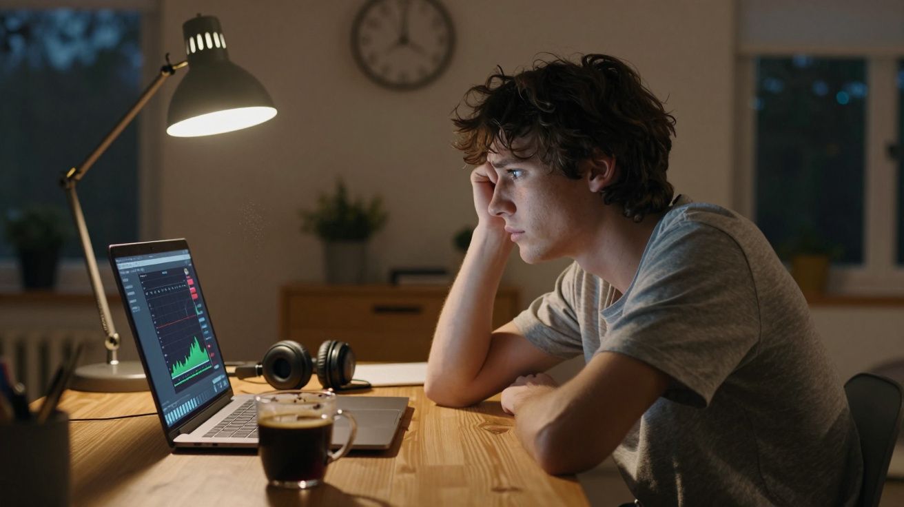 Jovem atento trabalhando em laptop à noite, com gráfico na tela e café sobre a mesa iluminada por luminária.