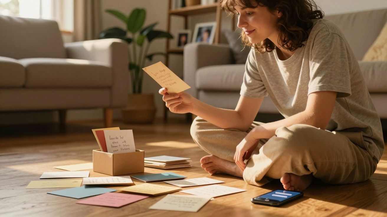 Mulher sentada no chão lendo cartas espalhadas ao redor em sala iluminada e com celular ao lado.