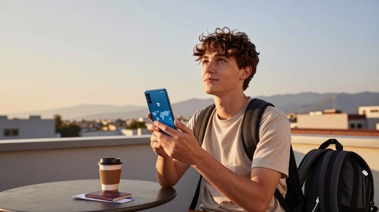 Jovem sentado em mesa ao ar livre segurando celular azul, com mochila nas costas e copo de café na mesa.