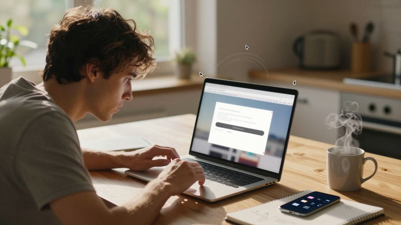 Homem jovem concentrado usando laptop na cozinha com café quente e celular sobre a mesa.