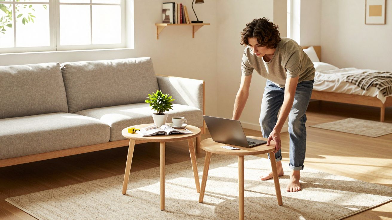 Homem apoia laptop em mesa de centro em sala de estar iluminada com sofá cinza e cama ao fundo.
