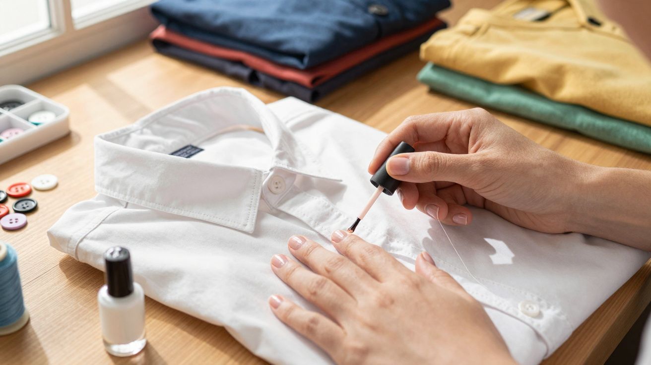Mãos pintando unha com esmalte sobre camisa branca dobrada em mesa com botões e roupas ao fundo.