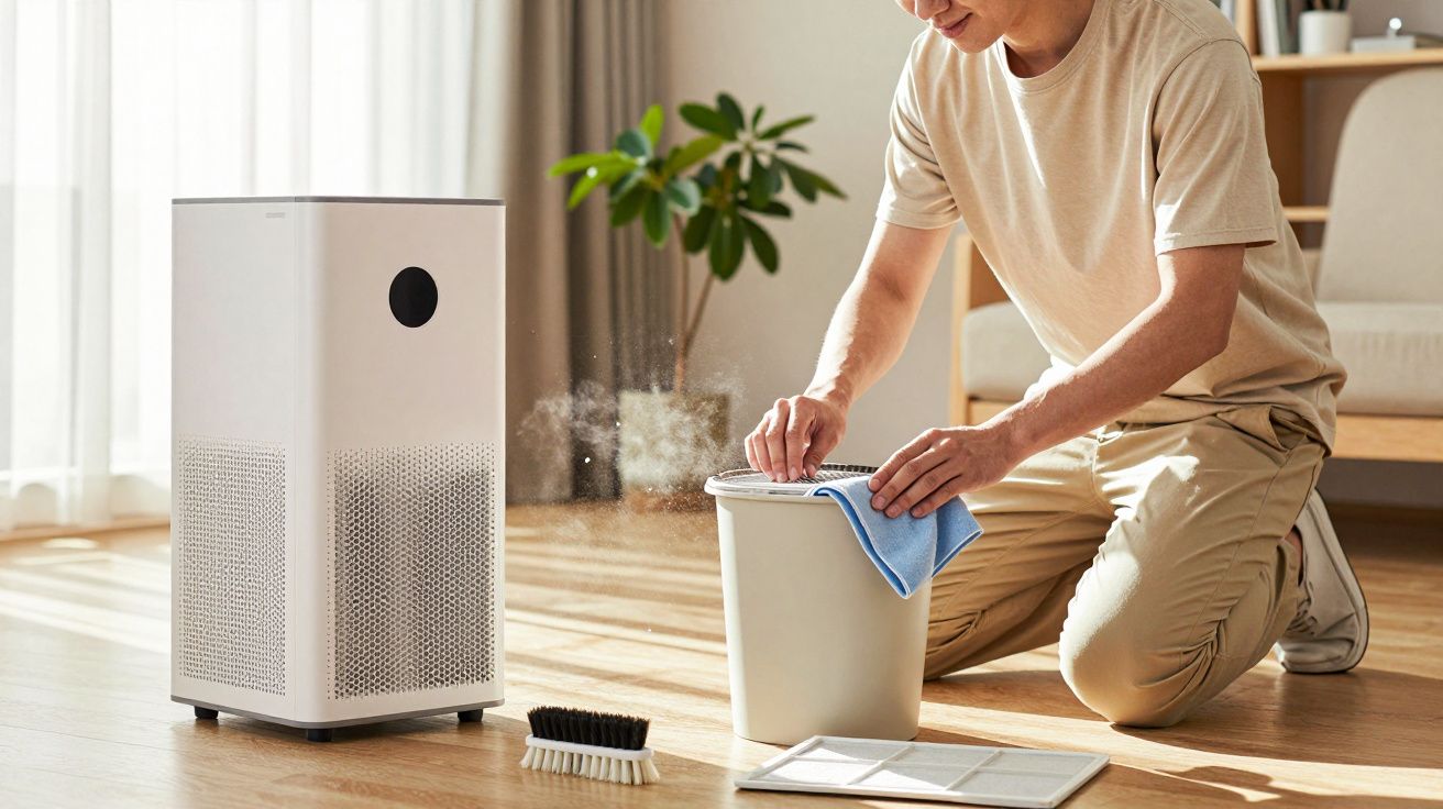 Pessoa limpando filtro de purificador de ar branco em sala com piso de madeira.