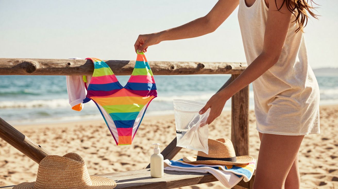 Pessoa pendurando maiô colorido em cerca de madeira para secar na praia ensolarada.
