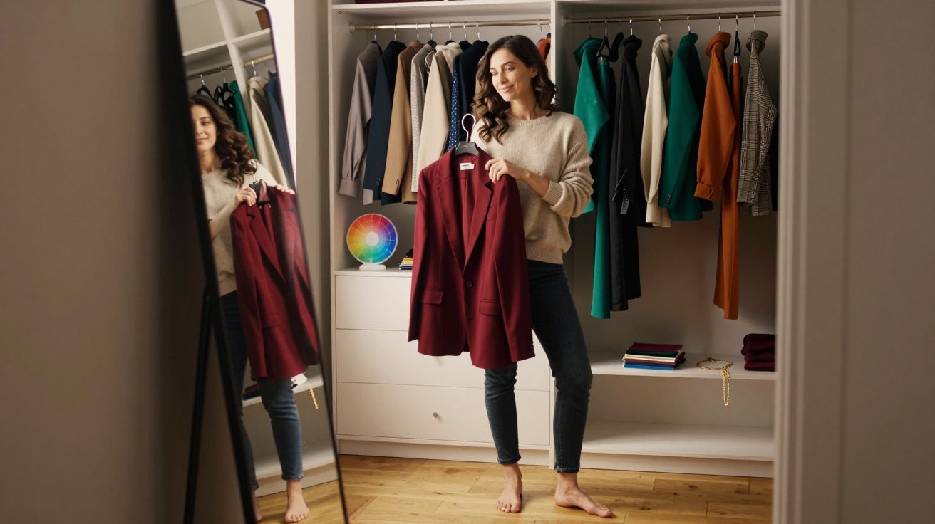 Mulher segurando blazer vinho frente a espelho em closet com roupas coloridas penduradas.