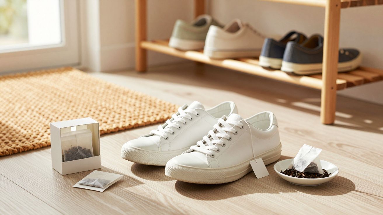 Tênis branco com saquinhos de chá ao lado sobre piso de madeira claro em ambiente iluminado.