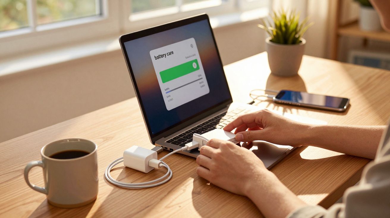 Pessoa conectando cabo de carregador a notebook em mesa com xícara de café e celular perto de planta pequena.