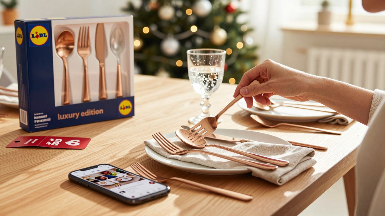 Talheres dourados luxo sendo posicionados em toalha branca sobre prato em mesa de madeira com decoração natalina.