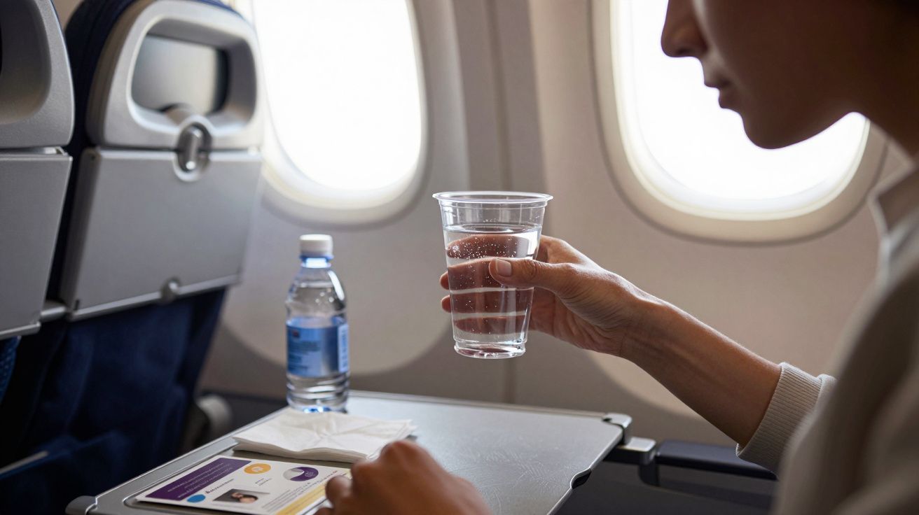 Pessoa segurando copo de plástico com água dentro de avião, com garrafa e tablet na mesa.