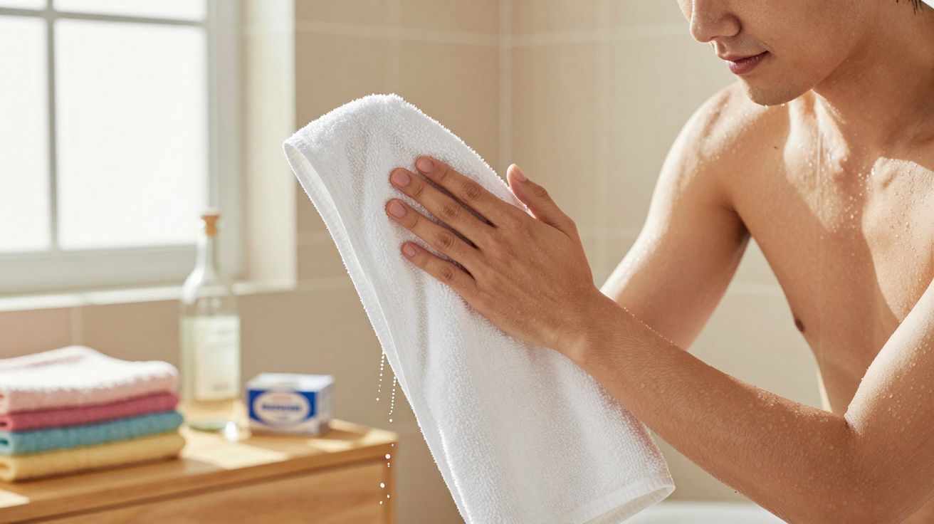 Homem seco se enxugando com toalha branca em banheiro iluminado e organizado.