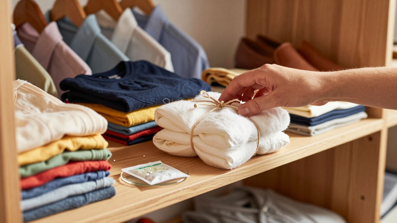 Roupas dobradas organizadas em prateleira de madeira com mão segurando peça branca amarrada com cordão.