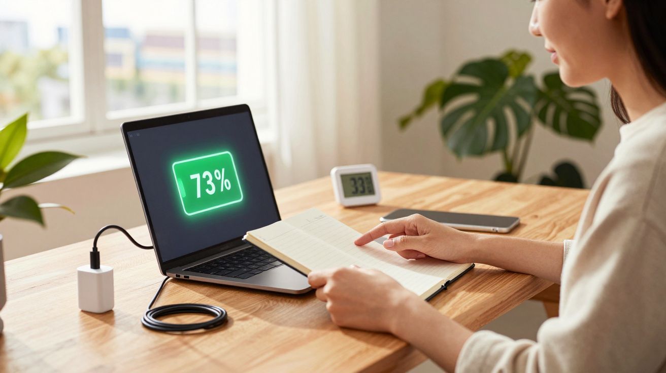 Pessoa lendo caderno em mesa com laptop carregando bateria a 73% em ambiente iluminado.