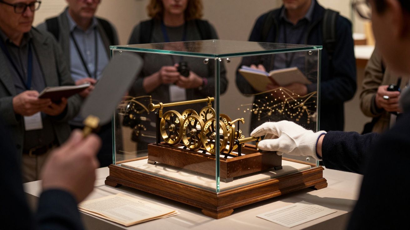 Pessoa com luva manuseia máquina de cálculo antiga em vitrine de museu com visitantes ao fundo.