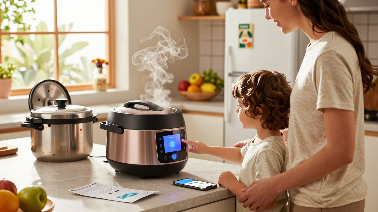 Criança com mulher usando panela elétrica na cozinha moderna, com vapor saindo da tampa.