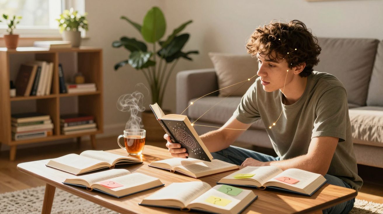 Jovem sentado lendo livro em mesa com vários livros e xícara de chá em sala iluminada pela manhã.