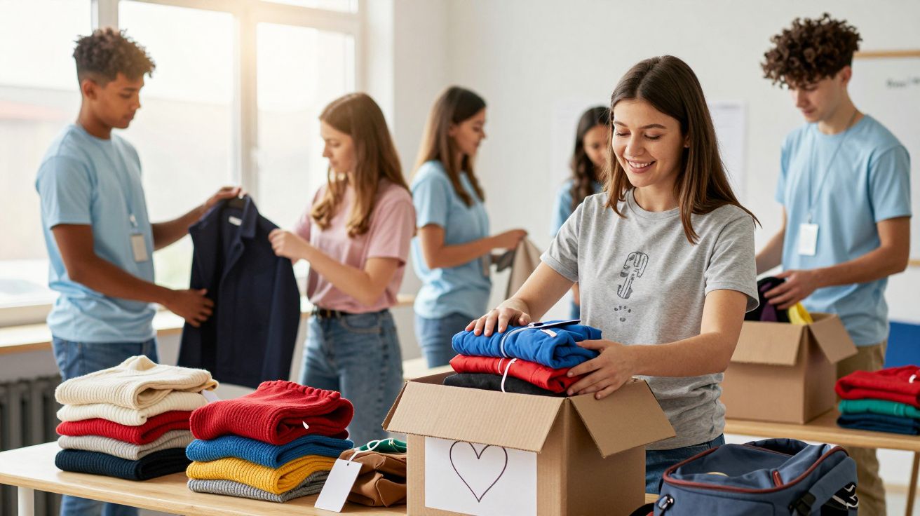 Grupo de jovens voluntários organizando roupas para doação em ambiente iluminado.