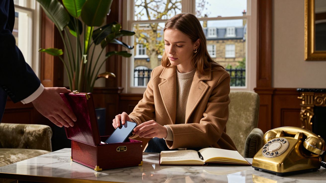 Mulher guardando celular em caixa vermelha sobre mesa, com livro aberto e telefone dourado ao lado.